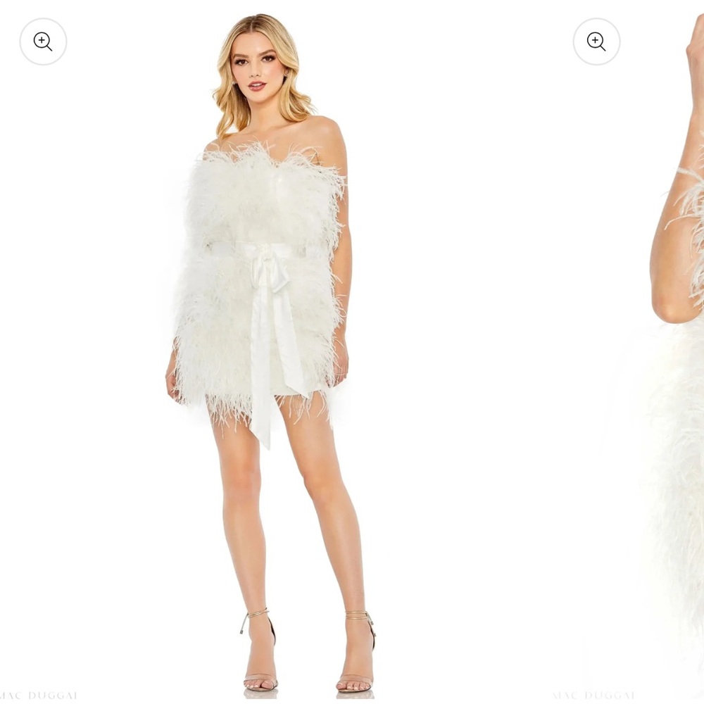 Mac Duggal White Feathered Mini Dress brand new with tags